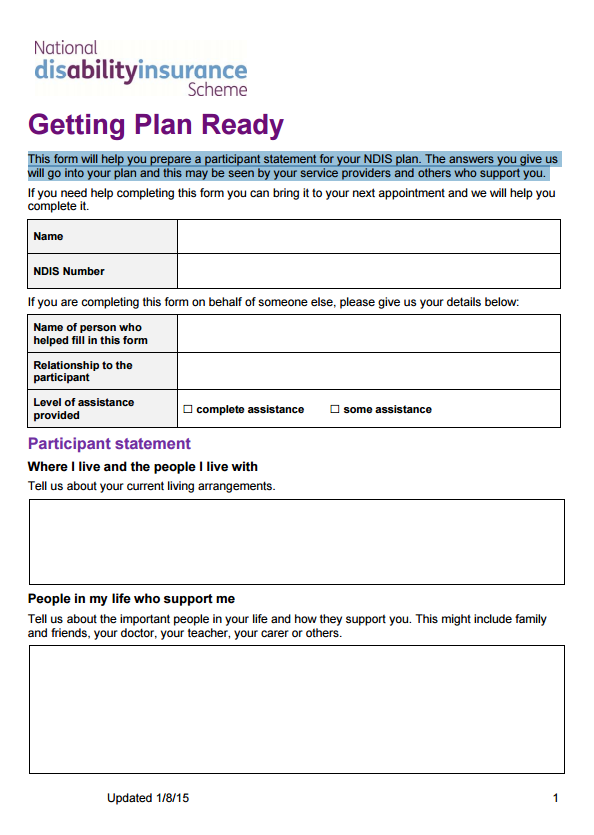 Image: Getting plan ready form - Bringing the Good Life to Life