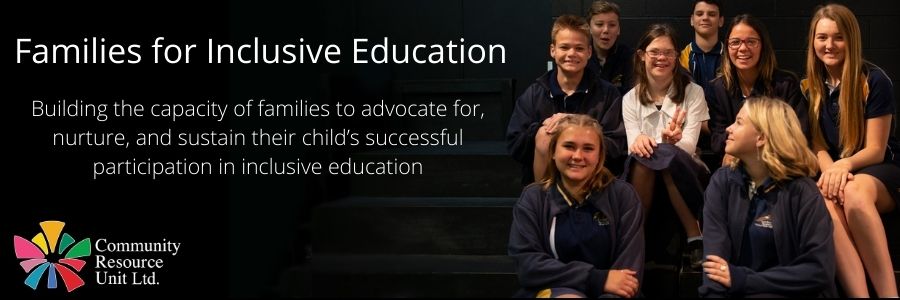 A banner image of a smiling group of students, one of whom has a visible disability. It includes the CRU logo and the text 'families for inclusive education.